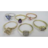 Group of six 9ct gold and gem set dress rings