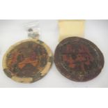 Pair of 19th Century Kashmiri circular lacquer plaques decorated with panels of figures in