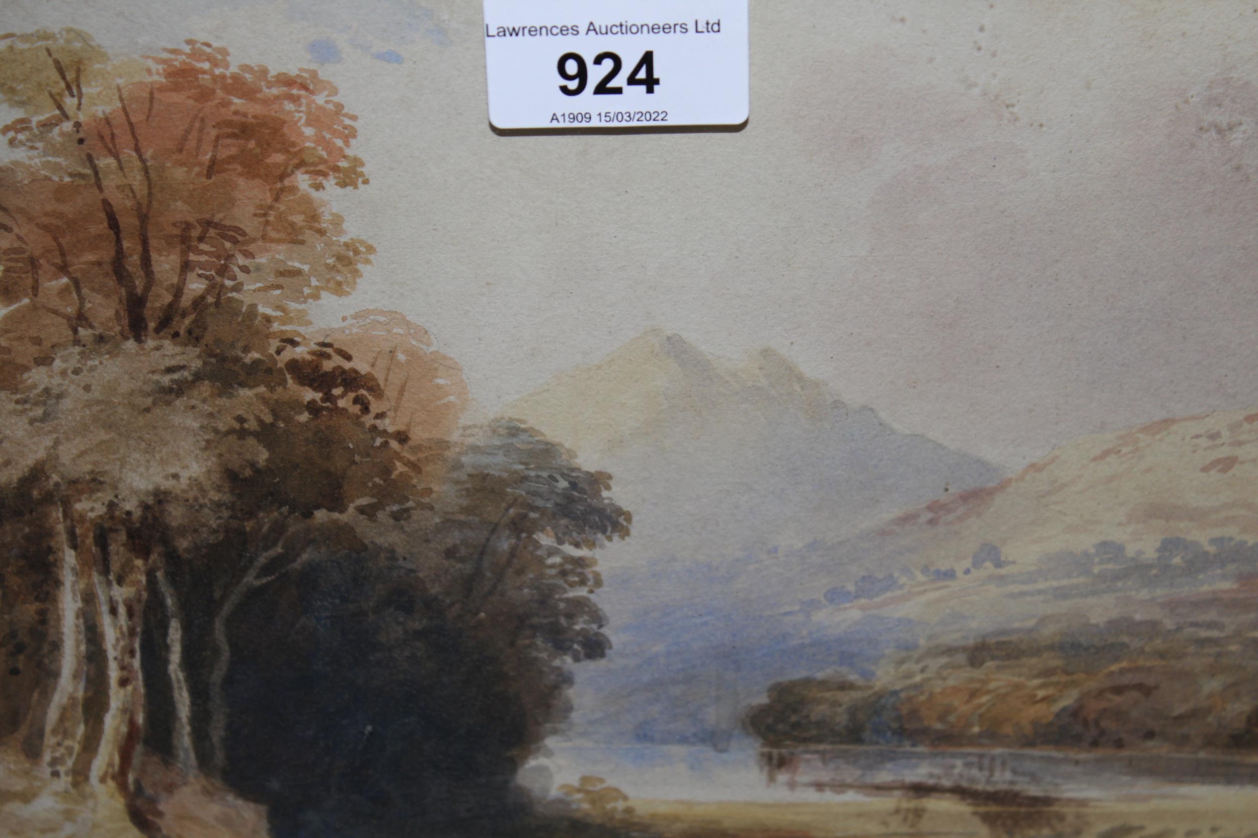 19th Century English school, watercolour, landscape with distant mountains, 6.25ins x 9ins, gilt