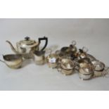 Three piece half fluted design silver plated tea service, together with a quantity of other plated