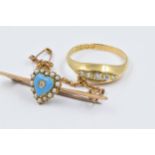 18ct Gold five stone diamond ring, 3g together with 15ct gold turquoise, split pearl and diamond