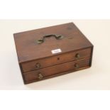 George III mahogany two drawer writing box with brass swan neck handle, 12.5ins wide together with a