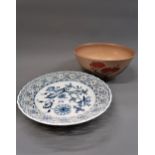Meissen (seconds) blue and white plate with pierced border, 9.25ins diameter, together with a