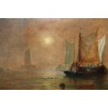 19th Century oil on canvas, shipping scene with various figures in sailing boats, 15.5ins x 20ins,