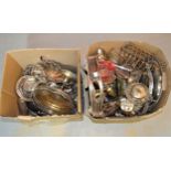 Two boxes containing a large quantity of miscellaneous silver plate