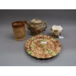 Whieldon type plate decorated with mottled glazes, 9.5ins diameter (at fault), stoneware mug,