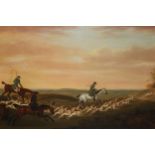 Late 18th / early 19th Century English school, oil on canvas, hunting scene with huntsmen and hounds