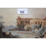 19th Century watercolour, classical ruins in a landscape, unsigned, 5.5ins x 8ins, in a swept gilt