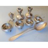 Set of four Victorian silver open salts with spoons, Victorian silver tablespoon, silver pepper