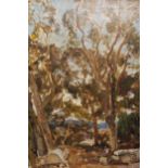 Sir Herbert Edwin Pelham Hughes-Stanton, oil on canvas, figure seated in a woodland landscape,