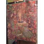 Modern machine woven tapestry wall hanging, depicting two figures beside a fountain, 46ins x 36ins