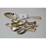 Victorian silver berry spoon together with a quantity of other various silver teaspoons, coffee