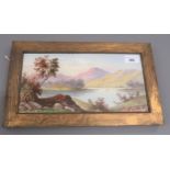 Framed pottery tile painted with a view of Upper Lake Killarney, 6ins x 12ins