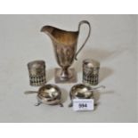 London silver helmet shaped cream jug in Georgian style, pair of silver open salts with spoons and