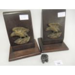 Small oriental bronze figure of a man holding a fish and basket and a pair of oak bookends mounted