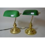 Pair of brass desk lamps, with green glass shades