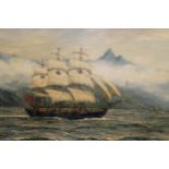 Henry Scott (1911 - 2005), oil on board, HMS Bounty off Tahiti, signed, 15ins x 23ins approximately