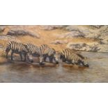 Brian Foster, oil on canvas, group of four zebra at a waterhole, signed and dated 1987, 16ins x