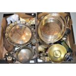 Two boxes containing a large collection of various silver plated items, including candelabra, tea