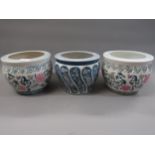 Group of three various Chinese porcelain floral decorated jardinieres 6.5ins high x 8ins diameter