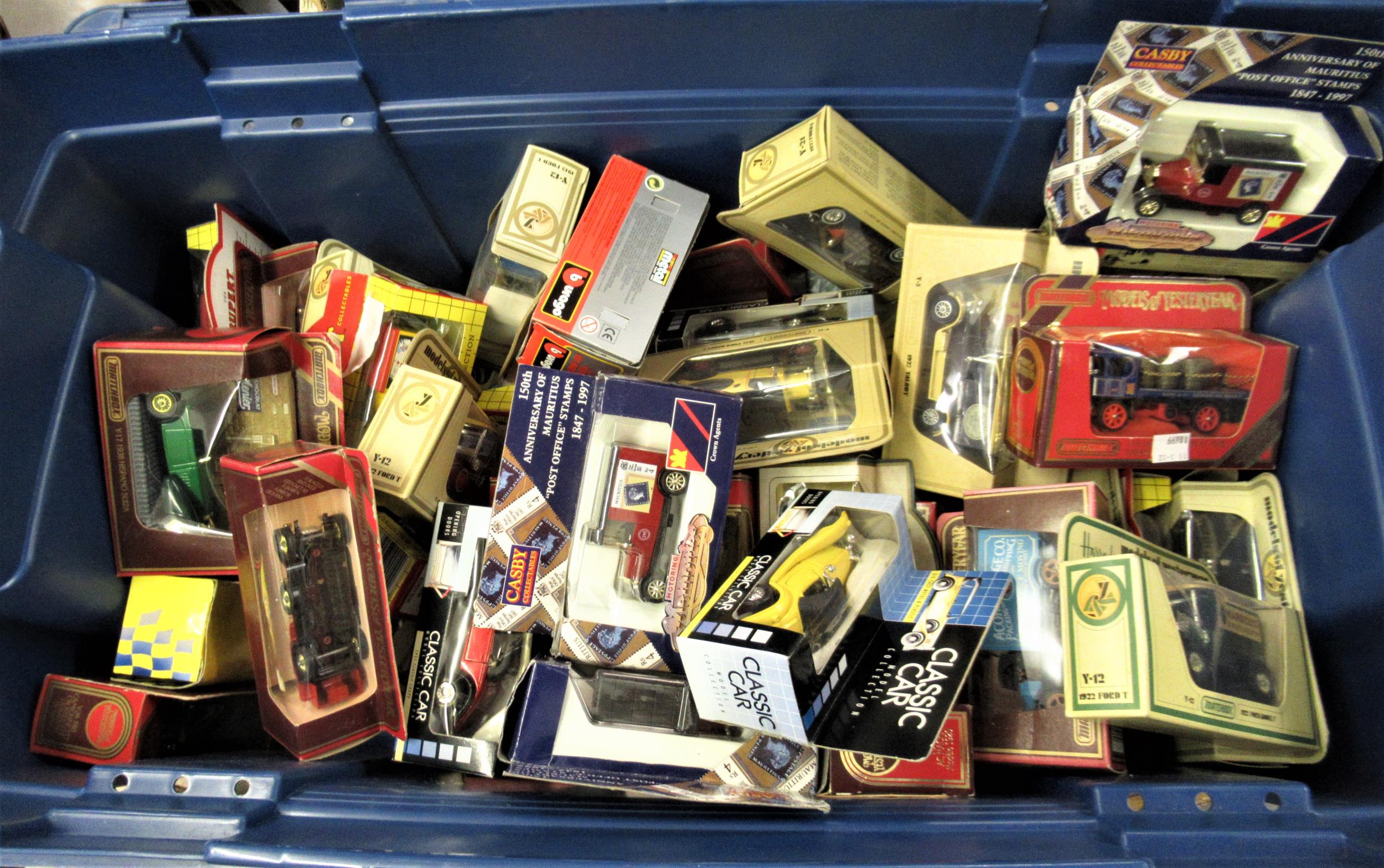 Box containing a large quantity of diecast model vehicles by Matchbox, Casby and others