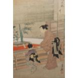 Japanese woodblock print of two figures by a window, 12.5ins x 8.25ins, together with a small