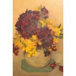 20th Century oi on canvas applied to card, still life vase of flowers, 9ins x 6.5ins, housed in an