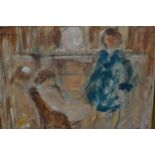 Marg Hislop, signed oil and pencil on paper, two figures in an interior, 8ins x 9.5ins