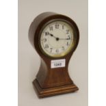 Edwardian mahogany and chequer line inlaid balloon shaped mantel clock, 8.25ins high
