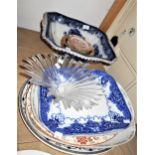 Victorian pottery wash basin, quantity of pottery meat plates, two pairs of small plates and a glass