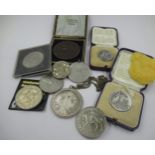Two 1937 silver Coronation medallions in original boxes, bronze Agricultural Society medal in