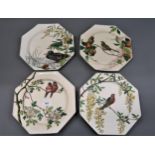 Set of four late 19th Century Mintons octagonal pottery plates printed with birds and fruit, 10ins