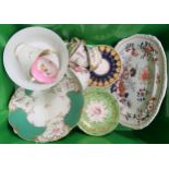 Quantity of various Victorian tea and dinnerware Green and gilt dinner plate has hairline crack,