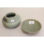 Katherine Pleydell-Bouverie, small Celadon stoneware dish, 5 and 3/8ins diameter, impressed marks