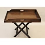 19th Century mahogany butler's tray on a folding stand, together with a small folding luggage