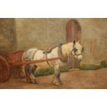 Harry Fidler, oil on canvas, grey work horse drawing a wooden cart in a stable yard, signed, 18ins x