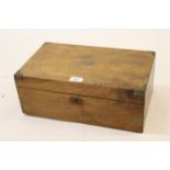 Victorian walnut and brassbound rectangular fold-over writing box with fitted interior, 16ins wide