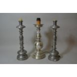Silvered metal baluster form table lamp in antique Dutch style, 15.5ins high together with a pair of