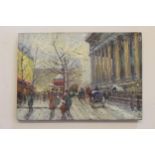 Pair of unframed oils on board, Parisian street scenes at night and in the snow