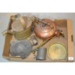 Copper kettle on stand, a copper watering can, pewter plate, mug etc.