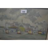 Watercolour, city river scene, possibly Paris, 9.25ins x 13.75ins, gilt framed together with