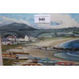 Walter Bernardini, watercolour, view of Greystones Harbour Beach, 7ins x 8.5ins, in a painted