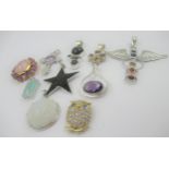 Group of ten various silver pendants set with various gem and semi precious stones