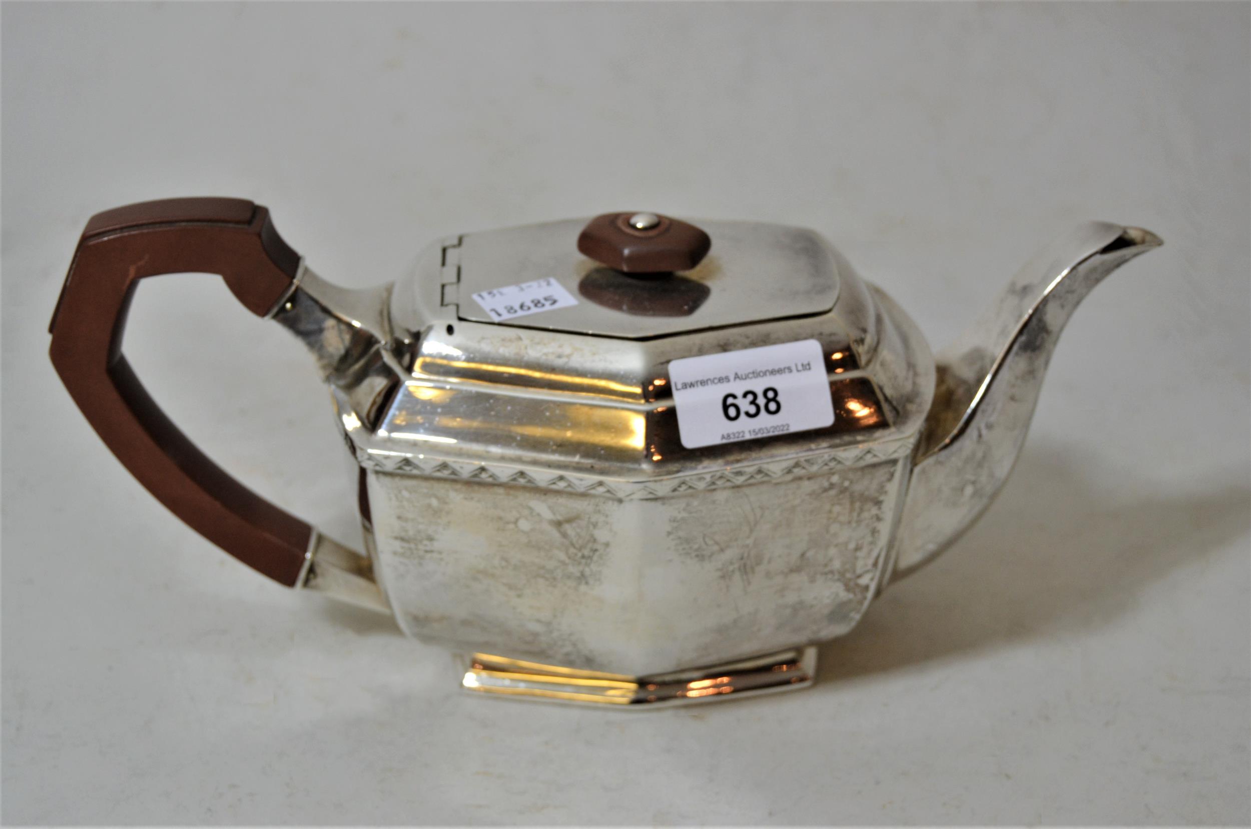 Birmingham silver hexagonal teapot of Art Deco design, 21.5oz Dent to one of angles on main body