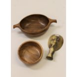 Jamaican Walkers woodworkers exotic turned wooden bowl, similar two handled oval bowl and a carved