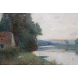 Adelaide L. Haslegrave, oil on millboard, river landscape with ducks by a dwelling, signed, 11.