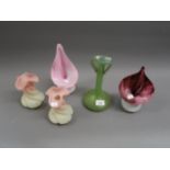 Loetz type green mottled glass vase, 9ins high together with four other items of Art glass