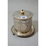 Walker & Hall silver plated biscuit barrel with integral stand and engraved decoration