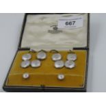 Cased Mappin & Webb 9ct gold and platinum dress stud set, with cufflinks, mounted with sea pearls
