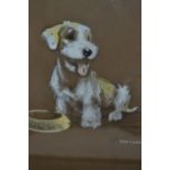 Philip B. Longson, signed gouache and pastel portrait of a puppy waiting by a feeding bowl, 15ins